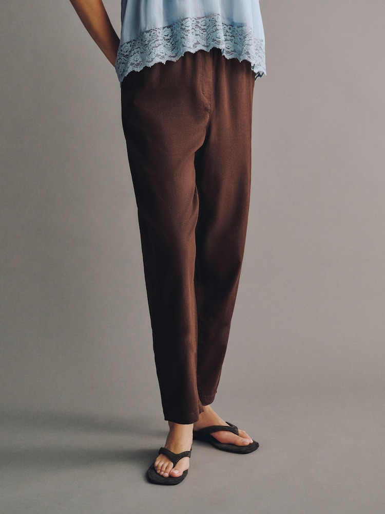Chocolate Brown Linen Rich Barrel Leg Trousers - Image 2 of 7 Chocolate Brown Linen Rich Barrel Leg Trousers - Image 2 of 7