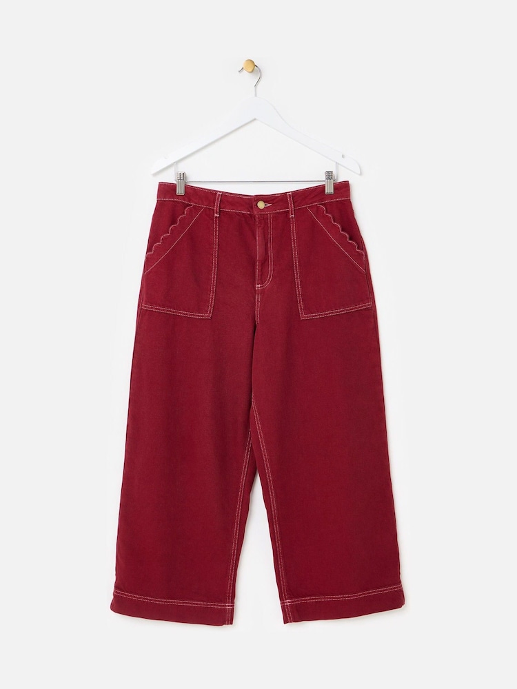 Oliver Bonas Berry Red Scalloped Pocket Cropped Wide Leg Jeans - Image 1 of 7 Oliver Bonas Berry Red Scalloped Pocket Cropped Wide Leg Jeans - Image 1 of 7