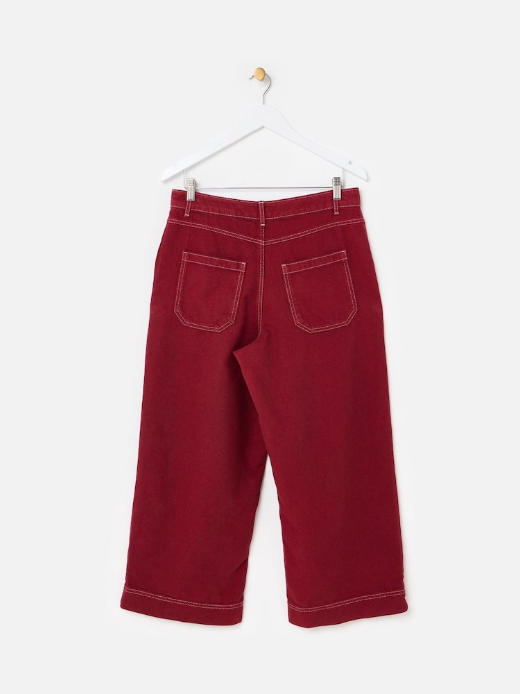 Oliver Bonas Berry Red Scalloped Pocket Cropped Wide Leg Jeans - Image 2 of 7 Oliver Bonas Berry Red Scalloped Pocket Cropped Wide Leg Jeans - Image 2 of 7