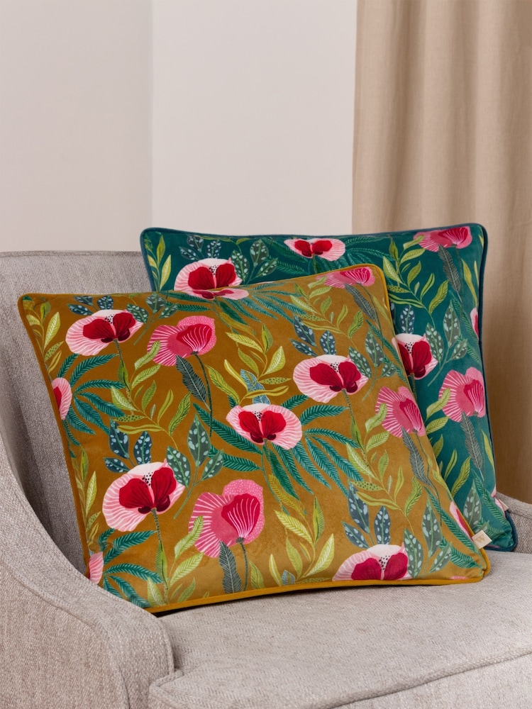 Wylder Yellow House Of Bloom Poppy Floral Velvet Piped Cushion - Image 2 of 5
