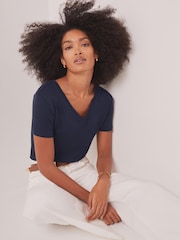 Mint Velvet Blue Linen Blend V-Neck T-Shirt - Image 2 of 7