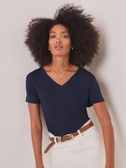 Mint Velvet Blue Linen Blend V-Neck T-Shirt - Image 4 of 7