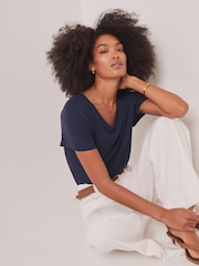 Mint Velvet Blue Linen Blend V-Neck T-Shirt - Image 5 of 7