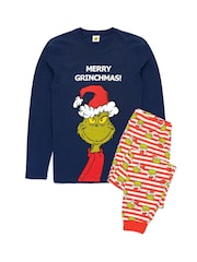 Vanilla Underground Blue 100% Cotton The Grinch Unisex Merry Grinchmas Christmas Slogan Long Sleeve Long Leg Pyjamas Set - Image 1 of 5