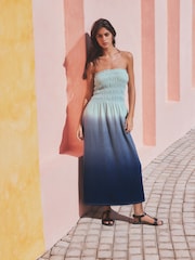 Blue Ombre Jersey Cotton Textured Bandeau Midi Dress - Image 1 of 7