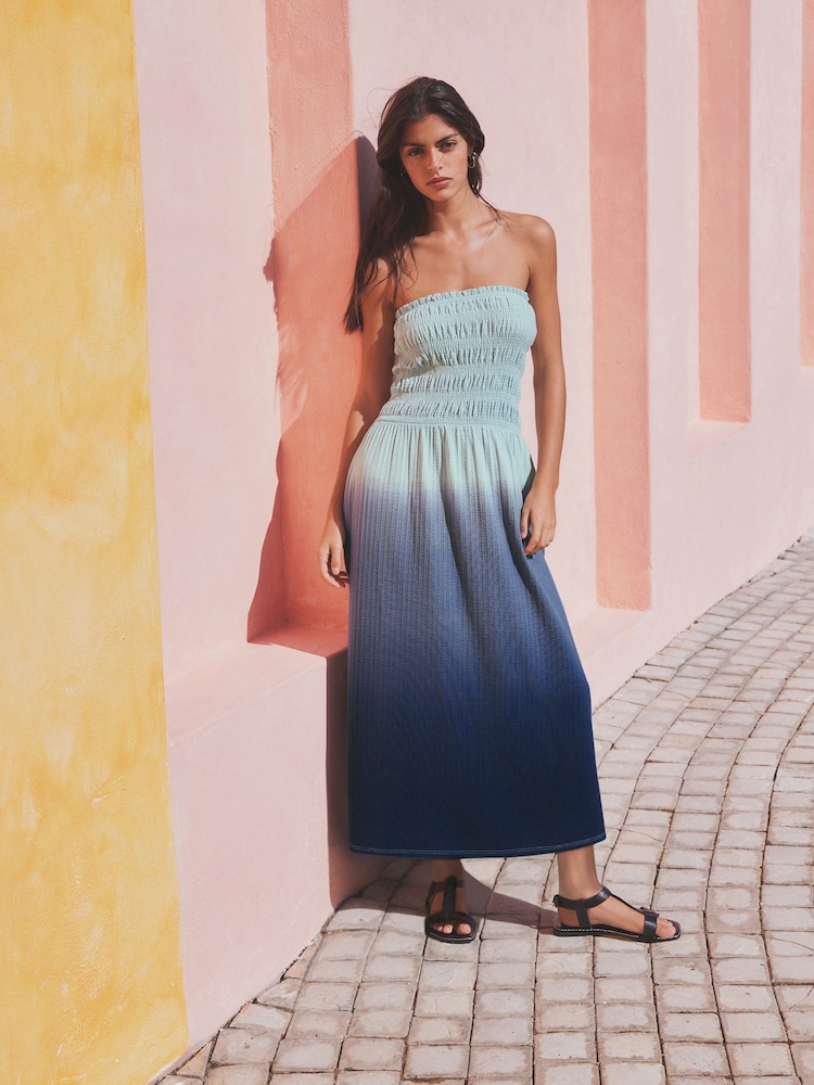 Blue Ombre Jersey Cotton Textured Bandeau Midi Dress - Image 1 of 7