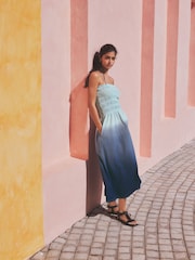 Blue Ombre Jersey Cotton Textured Bandeau Midi Dress - Image 4 of 7