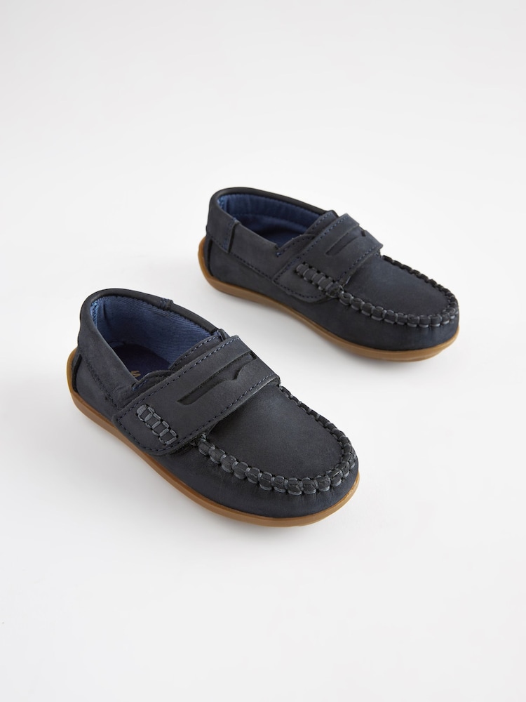 Navy Standard Fit (F) Leather Penny Loafers with Touch and Close Fastening - Image 1 of 5