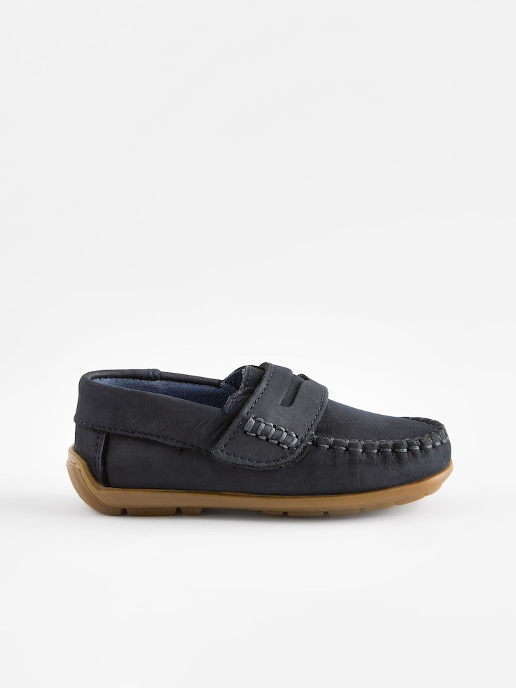 Navy Standard Fit (F) Leather Penny Loafers with Touch and Close Fastening - Image 2 of 5
