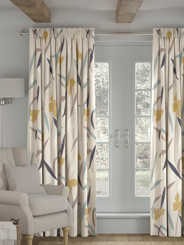 Ochre Yellow Modern Floral Made To Measure Curtains - Image 1 of 8