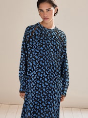 Black Ditsy Floral Long Sleeve Ladder Detail Mini Dress - Image 1 of 5