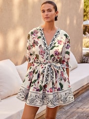 White/Pink Embroidered Skirted Playsuit - Image 1 of 10