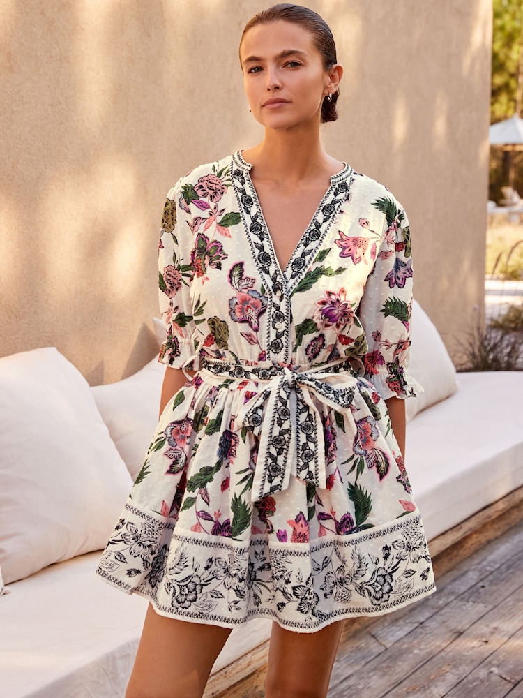 White/Pink Embroidered Skirted Playsuit - Image 1 of 10