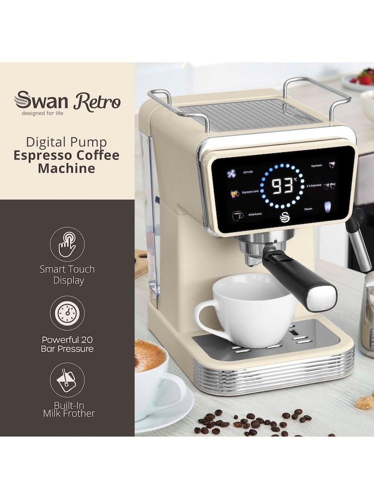 Swan Cream Retro Pump Espresso Digital Coffee Machine - Image 2 of 7 Swan Cream Retro Pump Espresso Digital Coffee Machine - Image 2 of 7