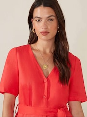 Ro&Zo Red Flame Linen Button Front Short Dress - Image 5 of 6