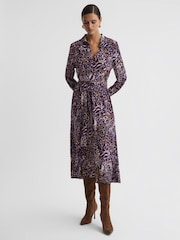 Reiss Blue Tabitha Animal Print Midi Dress - Image 1 of 5