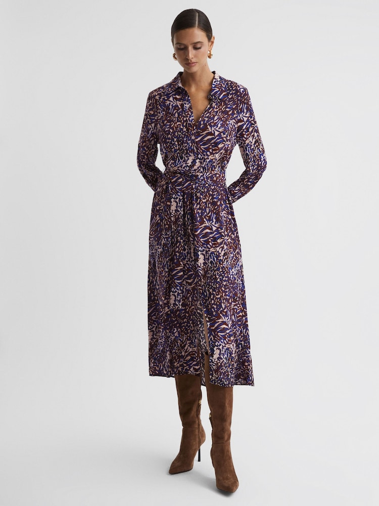 Reiss Blue Tabitha Animal Print Midi Dress - Image 1 of 5