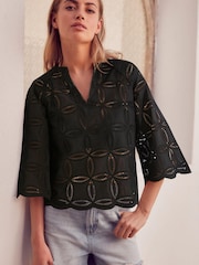 Black 3/4 Sleeve Floral Broderie Notch Neck Top - Image 1 of 6