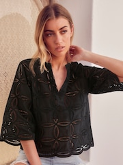 Black 3/4 Sleeve Floral Broderie Notch Neck Top - Image 2 of 6