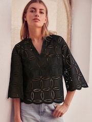 Black 3/4 Sleeve Floral Broderie Notch Neck Top - Image 3 of 6