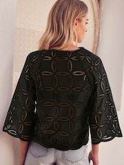 Black 3/4 Sleeve Floral Broderie Notch Neck Top - Image 4 of 6