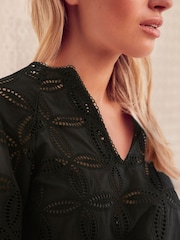 Black 3/4 Sleeve Floral Broderie Notch Neck Top - Image 5 of 6