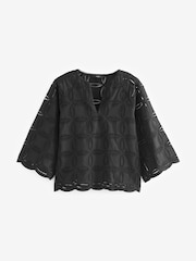 Black 3/4 Sleeve Floral Broderie Notch Neck Top - Image 6 of 6