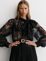 Reiss Black Edwina Tie-Neck Sheer Lace Blouse - Image 1 of 7
