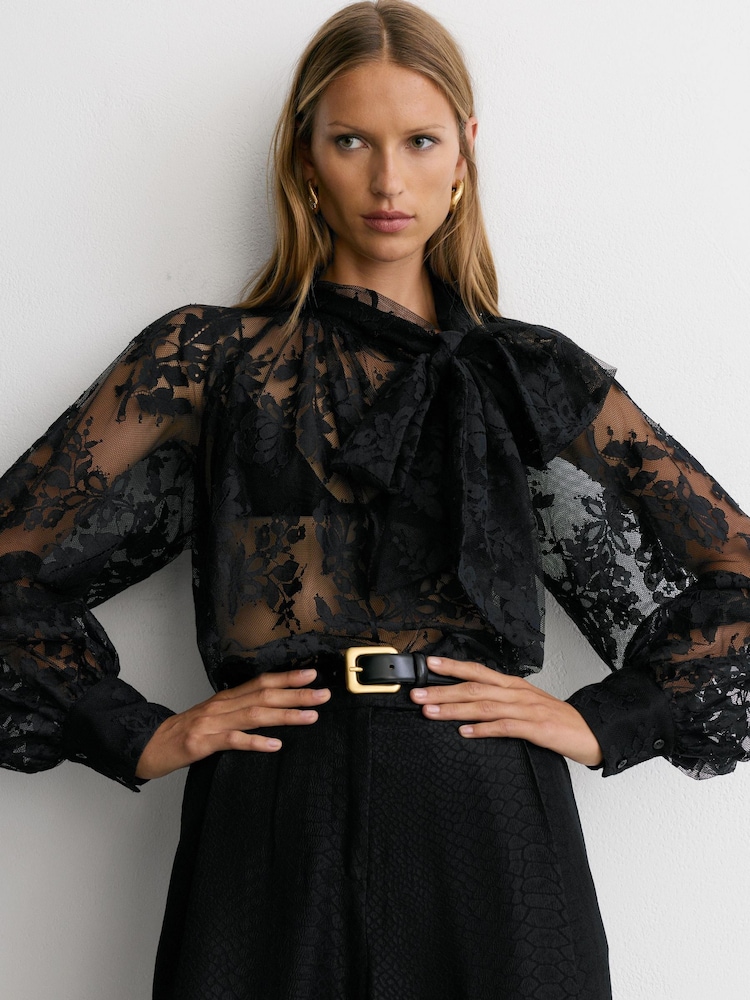 Reiss Black Edwina Tie-Neck Sheer Lace Blouse - Image 1 of 7 Reiss Black Edwina Tie-Neck Sheer Lace Blouse - Image 1 of 7