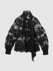Reiss Black Edwina Tie-Neck Sheer Lace Blouse - Image 2 of 7
