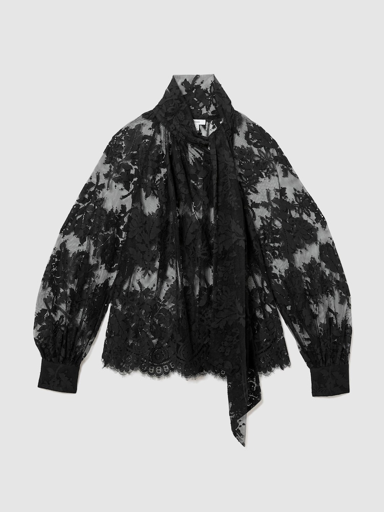 Reiss Black Edwina Tie-Neck Sheer Lace Blouse - Image 2 of 7 Reiss Black Edwina Tie-Neck Sheer Lace Blouse - Image 2 of 7