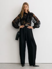Reiss Black Edwina Tie-Neck Sheer Lace Blouse - Image 3 of 7