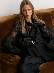 Reiss Black Edwina Tie-Neck Sheer Lace Blouse - Image 4 of 7