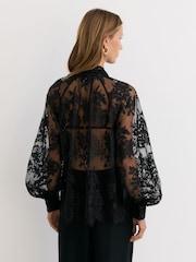 Reiss Black Edwina Tie-Neck Sheer Lace Blouse - Image 5 of 7