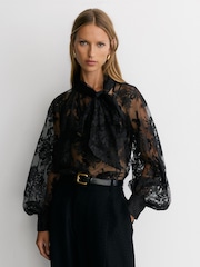 Reiss Black Edwina Tie-Neck Sheer Lace Blouse - Image 6 of 7