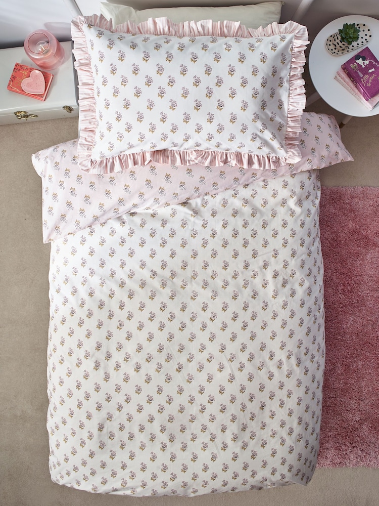 Pink Block Floral Printed Polycotton Duvet Cover and Pillowcase Bedding - Image 5 of 11