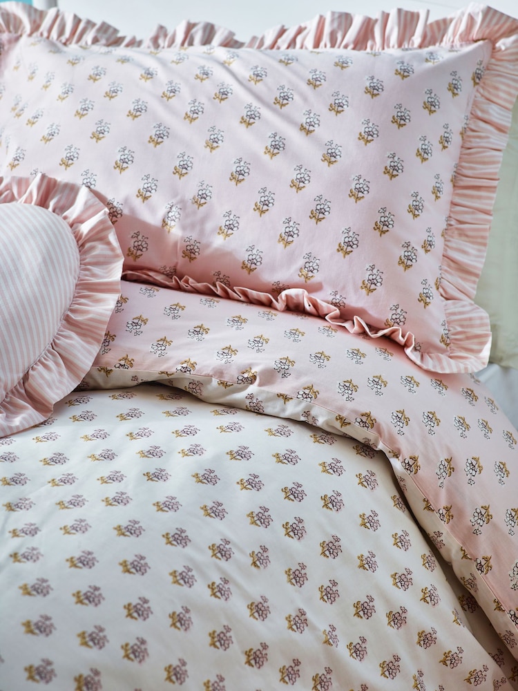 Pink Block Floral Printed Polycotton Duvet Cover and Pillowcase Bedding - Image 6 of 11