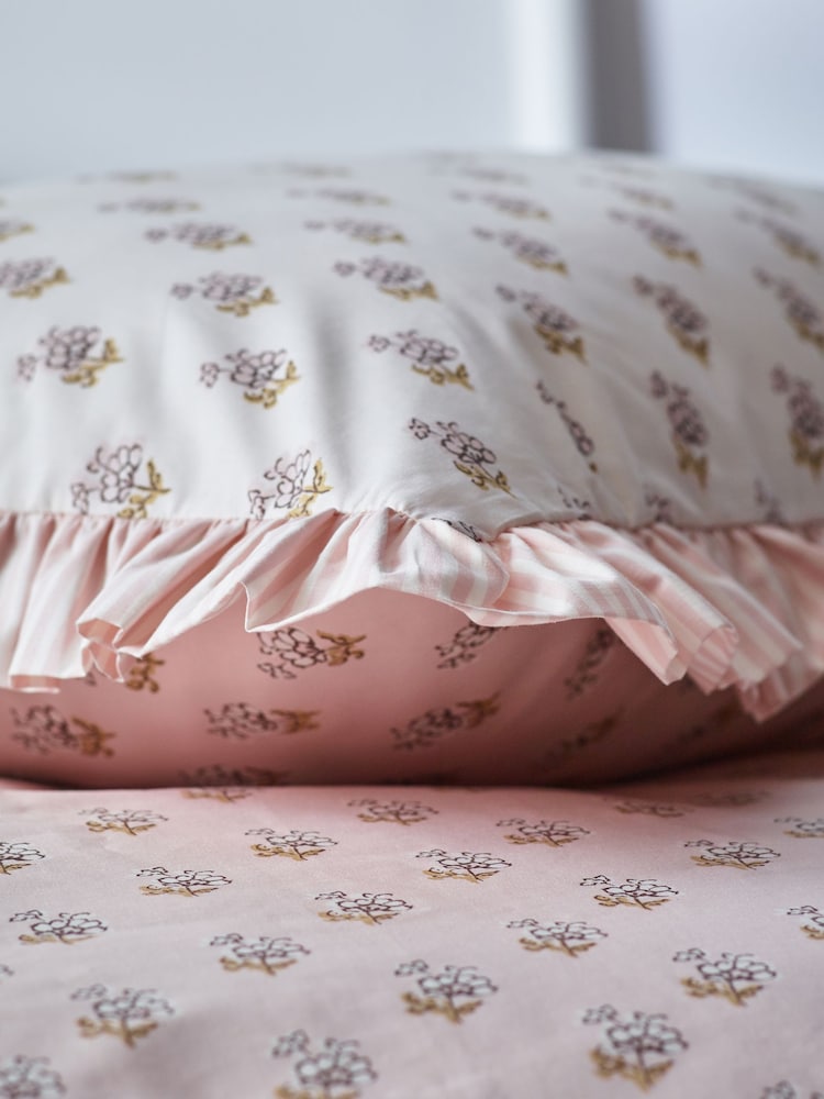 Pink Block Floral Printed Polycotton Duvet Cover and Pillowcase Bedding - Image 7 of 11