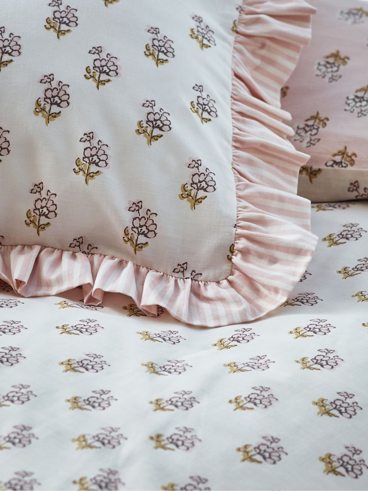Pink Block Floral Printed Polycotton Duvet Cover and Pillowcase Bedding - Image 9 of 11