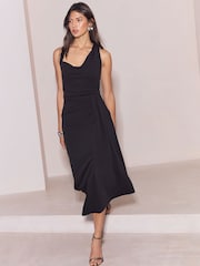 Lipsy Black Aysmmetric Cowl Neck Bodycon Midi Dress - Image 1 of 5