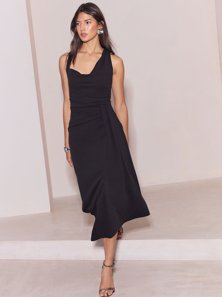 Lipsy Black Aysmmetric Cowl Neck Bodycon Midi Dress - Image 1 of 5