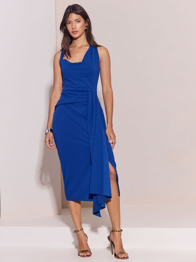 Lipsy Cobalt Blue Aysmmetric Cowl Neck Bodycon Midi Dress - Image 1 of 5
