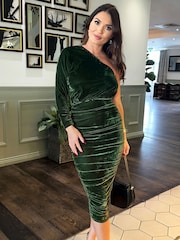 Green Velvet One Sleeve Ruched Midi Dress - Image 1 of 4