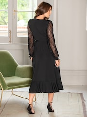 Pour Moi Black Carrie Lace Sleeve Midi Slinky Jersey Wrap Dress - Image 2 of 4