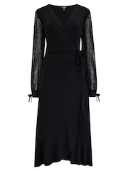 Pour Moi Black Carrie Lace Sleeve Midi Slinky Jersey Wrap Dress - Image 3 of 4