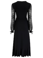 Pour Moi Black Carrie Lace Sleeve Midi Slinky Jersey Wrap Dress - Image 4 of 4
