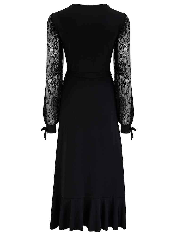 Pour Moi Black Carrie Lace Sleeve Midi Slinky Jersey Wrap Dress - Image 4 of 4