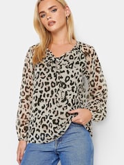 PixieGirl Petite Natural Leopard Print Tie Neck Long Sleeve Blouse - Image 1 of 4