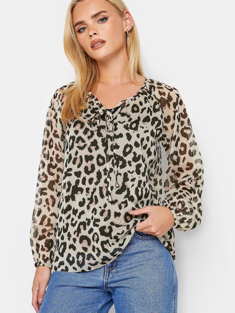 PixieGirl Petite Natural Leopard Print Tie Neck Long Sleeve Blouse - Image 1 of 4