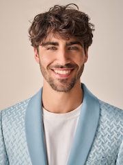 Light Blue Slim Fit Satin Jacquard Blazer - Image 3 of 10
